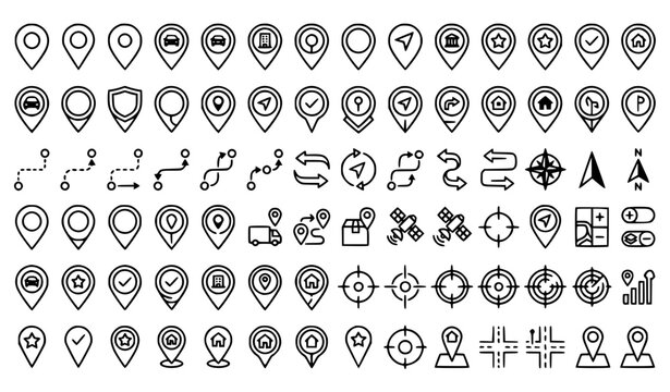 Mega bundle of map location pin and travel navigation linear icons with logistics route tracking directional compass symbols vector