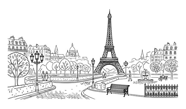 Paris street landscape with Eiffel Tower landmark and classic French architecture buildings outline hand drawn sketch vector illustration