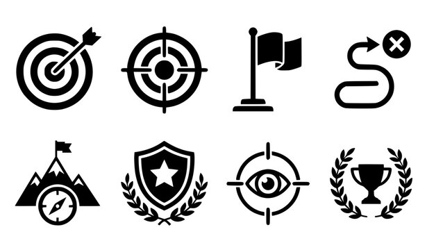 Business target mission goal achievement and strategic success focus bullseye trophy flag black solid silhouette icon set vector