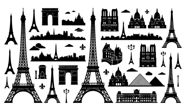 Paris landmarks collection with Eiffel Tower Arc de Triomphe Notre Dame cathedral and city skyline black silhouette icons vector