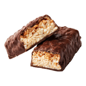 Chocolate snack protein energy fitness bar with nut cereal filling isolated on white background concept of sweet treat