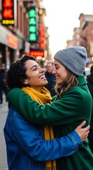 Obraz premium Two happy young women hugging in a city street.