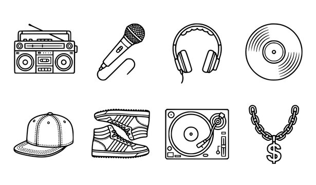 Hip hop music and street culture line art icon set with vintage boombox turntable microphone headphones sneaker jewelry vector