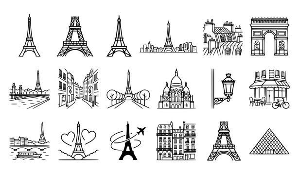 Paris landmarks line icon set with Eiffel Tower Arc de Triomphe Louvre pyramid and French architecture sketches vector