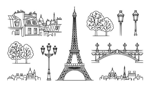 Paris Landmark Line Art Collection Featuring Eiffel Tower Trees Street Lamps Bridge and Historic French Architecture Elements