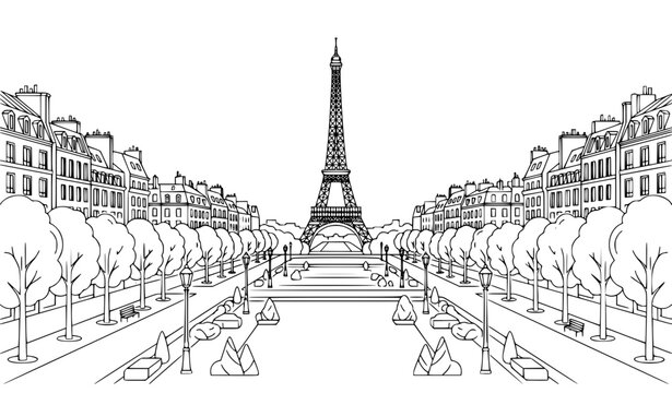 Paris street landscape with Eiffel Tower landmark and classic French architecture buildings outline hand drawn sketch vector illustration