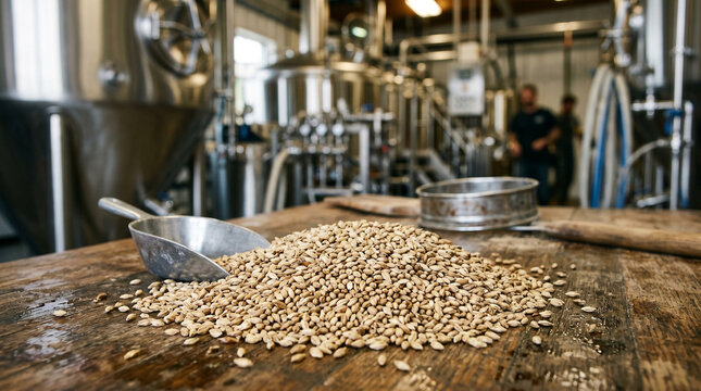 Malt grains in brewery with scoop