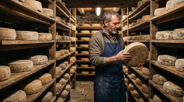 Cheesemaker inspecting aging cheese in cellar