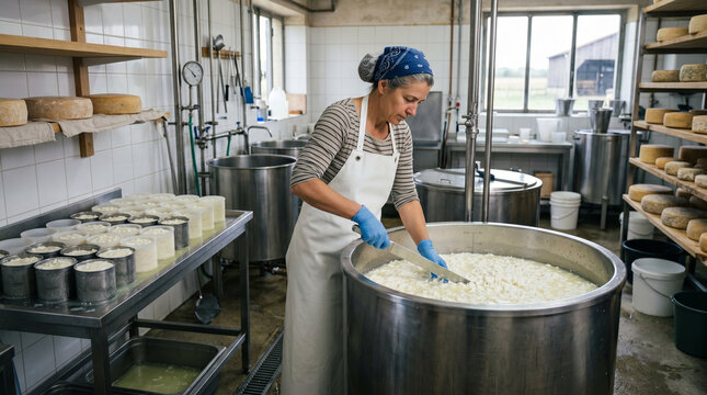 Cheesemaker Stirring Curds in Dairy Workshop