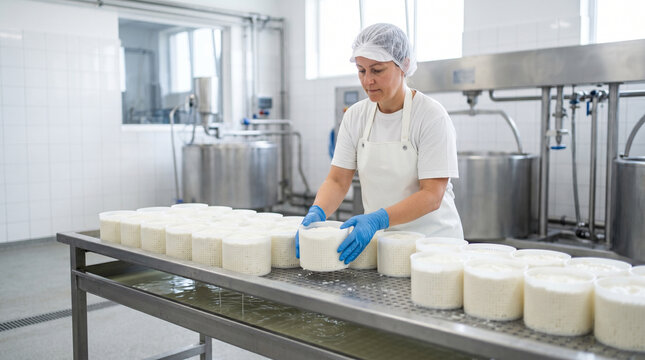 Cheese maker arranging fresh cheese wheels