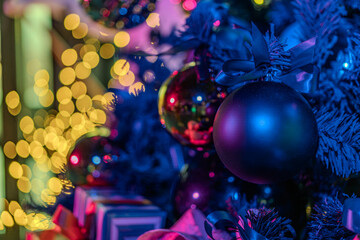 Casino interior with a decorated Christmas tree and presents, illuminated by warm, dim lighting i © Mister