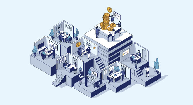 Detailed isometric view of a multi-story office building with employees working in various departments and cubicles.
