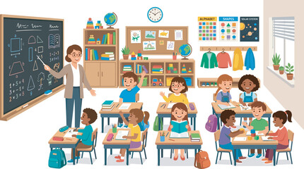 Elementary school classroom scene with female teacher teaching geometry on blackboard and diverse cute kids studying at desks vector illustration © Sukhi