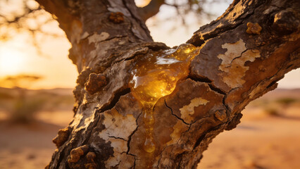 Fototapeta premium commiphora. Close-up of cracked bark on a desert tree, golden amber resin droplets oozing from fissures. gardening catalogs, home-decor guides, designed for home decor and floral branding.commiphora,r