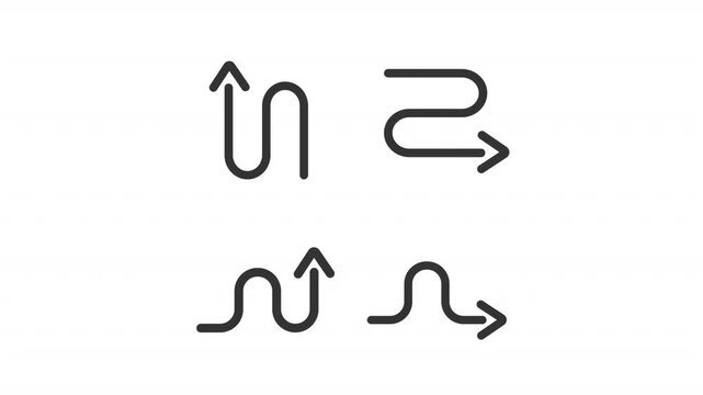 Animated curved arrow line icons. Four distinct directional paths animation set. Abstract directional flow symbols. Outline elements on white background. HD video with alpha channel