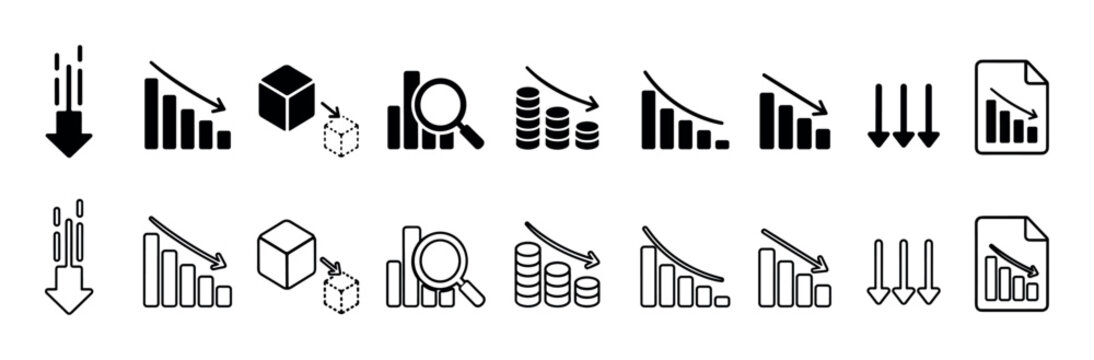 Collection of icons representing financial decline and data analysis
