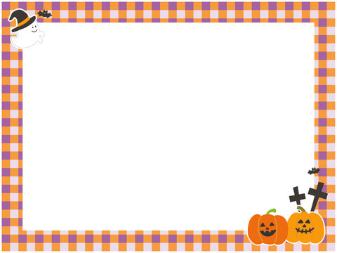 Halloween checkered frame with pumpkins and ghost on transparent background