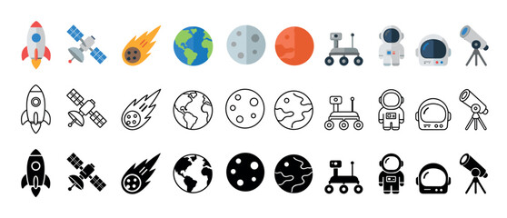 Collection of space exploration icons including rockets, satellites, planets, and astronauts © Maureen