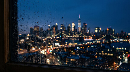 Obraz premium Raindrops on window glass pane with blurred city skyline bokeh at night