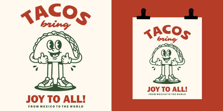 Hand-drawn vintage-style streetwear graphic design for t-shirts featuring a cool taco mascot wearing sunglasses and giving a thumbs up.
