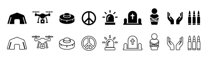 Obraz premium Collection of icons representing conflict, peace, and humanitarian aid concepts