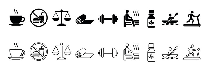 Naklejka premium Healthy lifestyle icons representing fitness, diet, and wellness activities