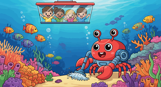 Cute robot crab explores coral reef with children in submarine.