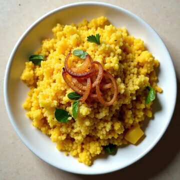 Crunchy kandakonda and batata poha mixed with spices and herbs, topped with crispy onions , tangy, batata, maharashtrian