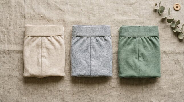 three folded men eco-friendly underwear boxer briefs on natural linen background top view