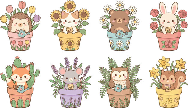 Cute animal characters vector illustration set featuring hedgehog bear fox and rabbit gardening beautiful spring flowers pots