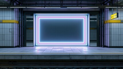 Fototapeta premium Platform shows a vibrant glowing portal frame inside a metropolitan train station for public signage.