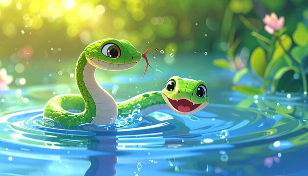 Two green cartoon snakes in water.