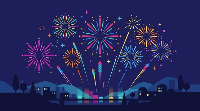 Colorful Fireworks Display Over City Silhouette Flat Vector