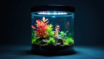 Obraz premium Dark glass container with algae cultures and LED lights, biofuel production, algae fuel extraction, photobioreactor