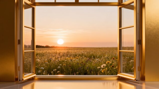 Sunset view through open window