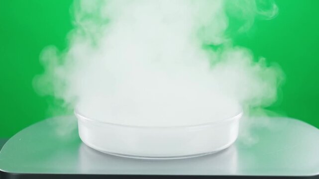 Dry ice sublimation in glass dish on green screen background.