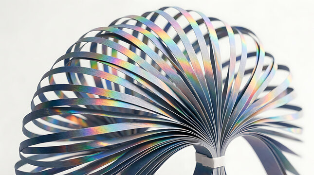 Holographic Iridescent Slinky Coil With Rainbow Light Reflections On White Background