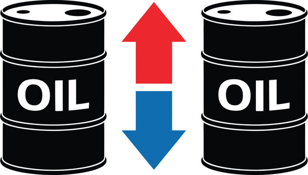 Oil price, increase and decrease, energy market concept with oil barrels and upward and downward trend arrows for economic forecasting and trading.

