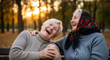 Naklejka premium Two joyful elderly women laughing together on a park bench during autumn.