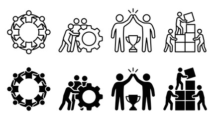 Fototapeta premium Corporate team building and goal achievement icons with teamwork business cooperation leadership achievement