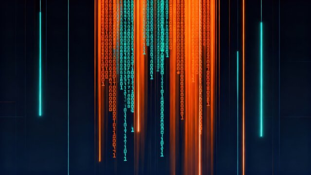 Digital binary code falling with neon lines