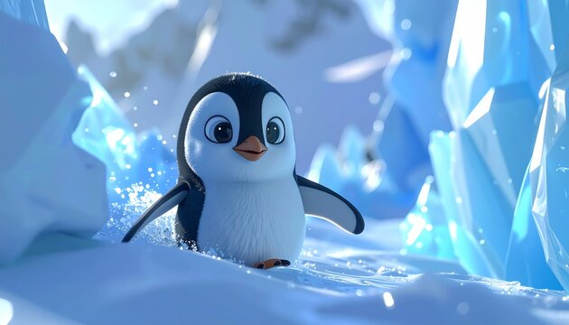 A cartoon penguin standing on snowy ice.