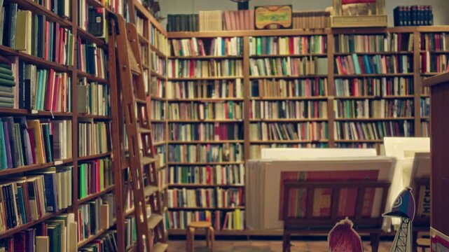 Cozy library interior with tall wooden bookshelves filled with colorful books and a ladder in an inviting literary environment