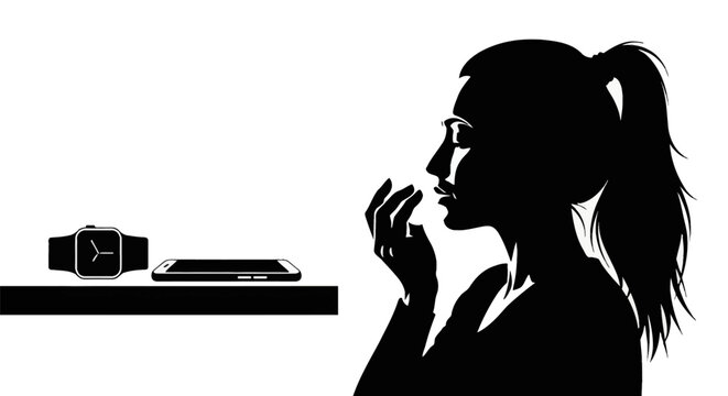 Silhouette of a woman practicing breathing exercises or mindfulness with a smartphone and smartwatch on a desk; minimalist black and white vector illustration of health tracking.
