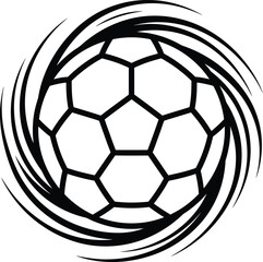 Naklejka premium Minimalist soccer ball icon featuring a dynamic swirling motion effect for sports branding and graphic design projects