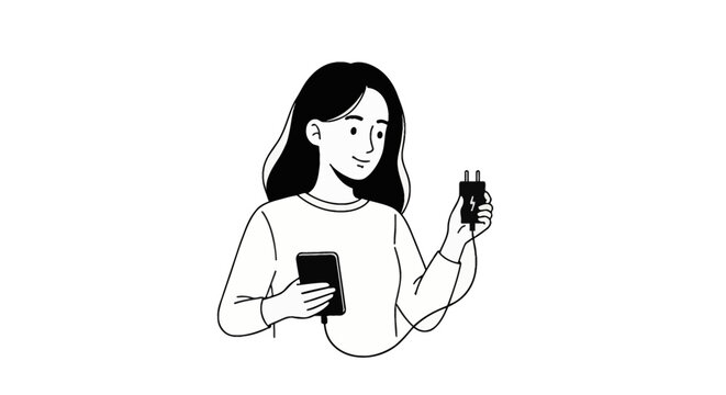 Minimalist line art illustration of a woman holding a smartphone and a charging cable with an electric power plug featuring a lightning bolt icon isolated on a white background.