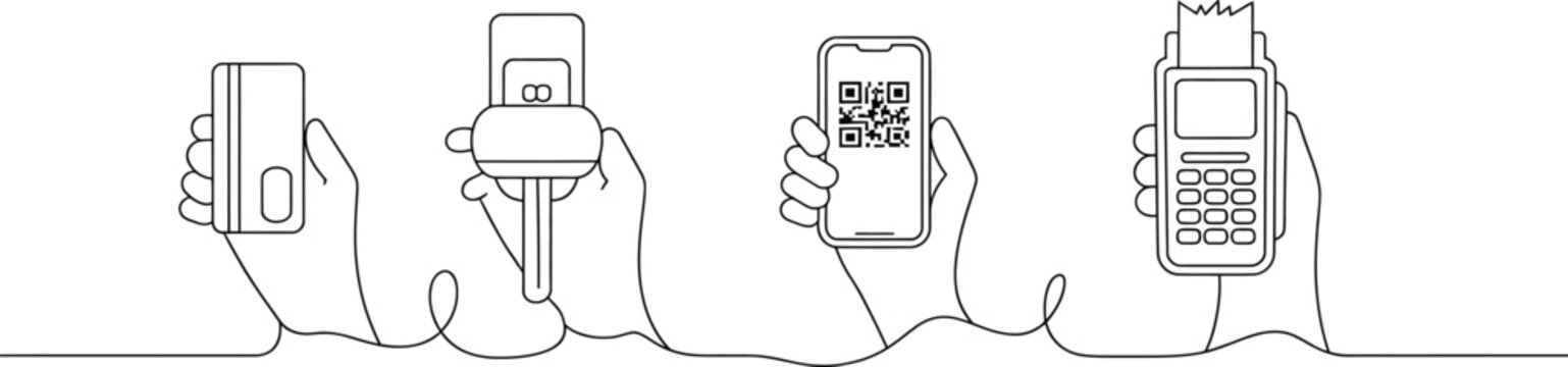 Illustration showing different modern payment methods with connected hands