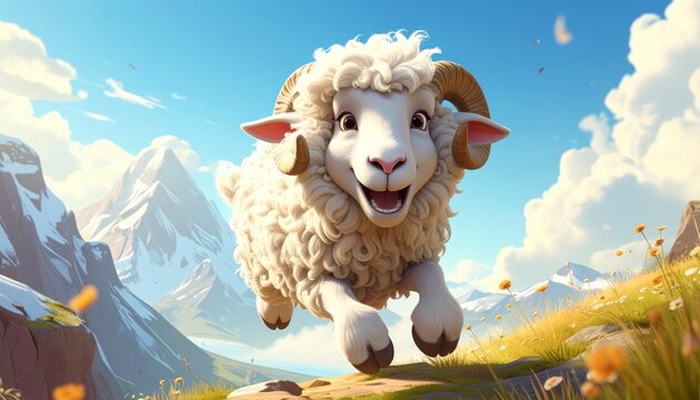 A happy cartoon sheep running freely outdoors.