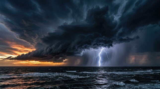 Dramatic storm clouds with lightning over ocean at sunset