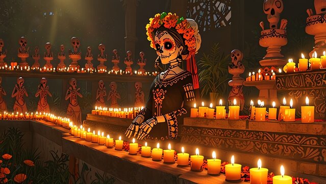A beautifully decorated skeleton figure with flowers, surrounded by glowing candles, representing the Day of the Dead celebrations, symbolizing remembrance and cultural heritage.